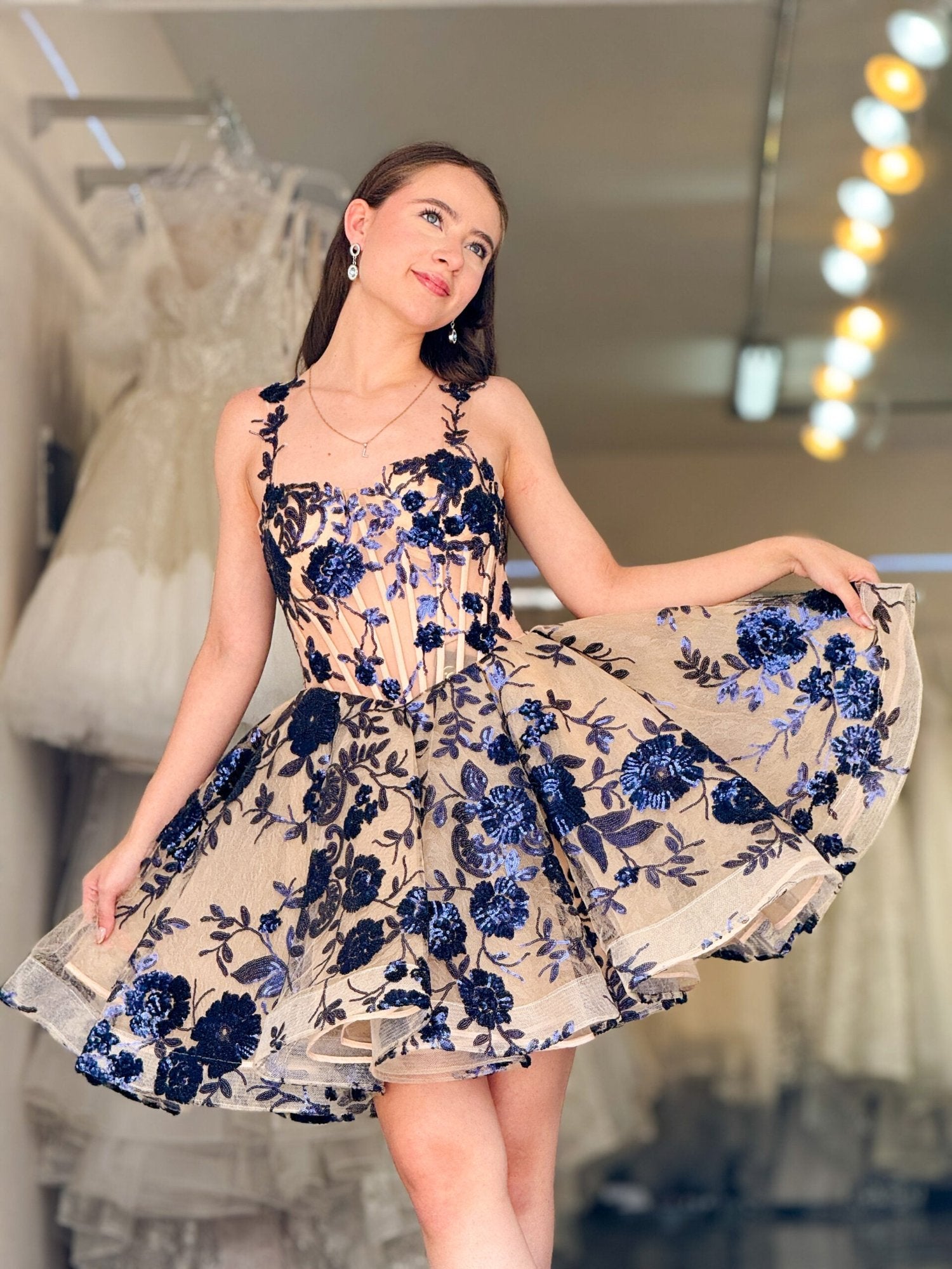 Vestido Corto "Flor Azul Nocturna" - VESTIDO ELITE COLLECTION 1347 NAVY